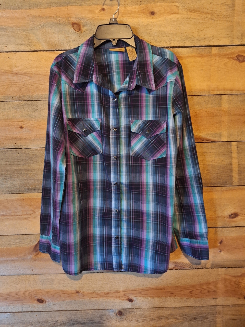 Wrangler Plaid Button-Down Pearl Snap Shirt in Purple and Teal